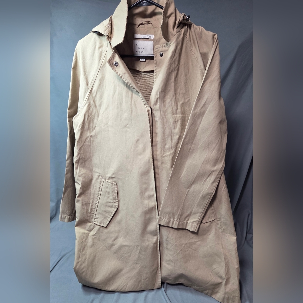 A New Day Women’s Trench Coat Small Tan Water Repellant Removable Hood Tie Back